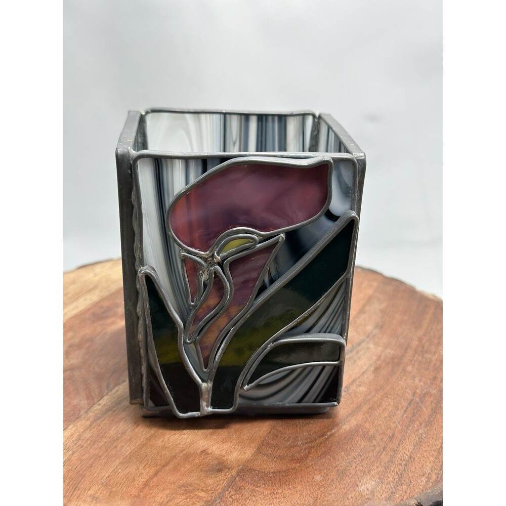 Stained & Slag Glass Floral Square Candleholder Vase Calla Lily